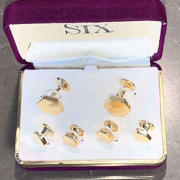 Vtg After Six Gold Tone Hexagon Cuff Link Tuxedo Stud 6 Piece Set - Picture 3 of 5